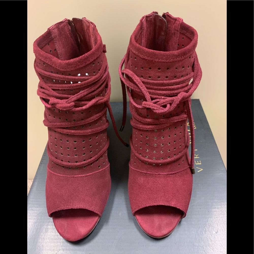 VeryVolatile suede peep toe booties.